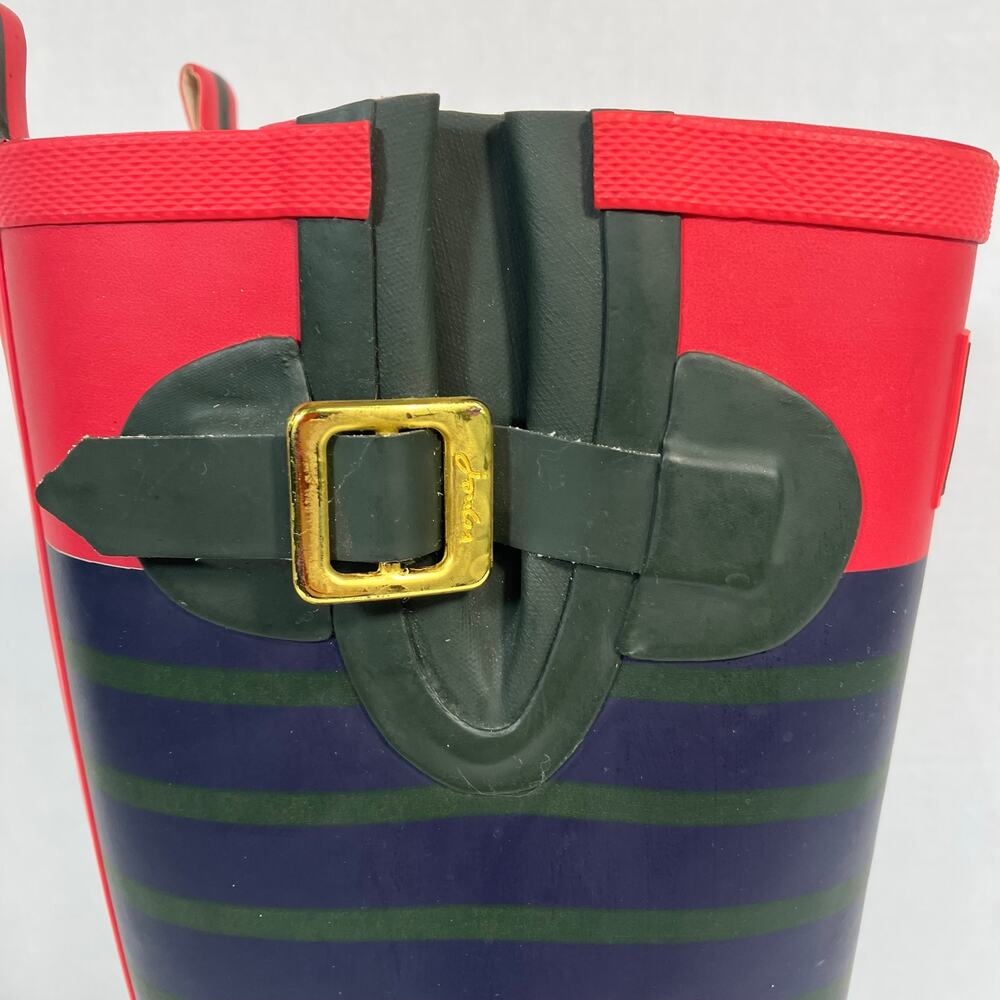 Joules Sz 7 Tall Welly Print Rain Boots Navy & Green Stripe Gold Buckle - Picture 8 of 16